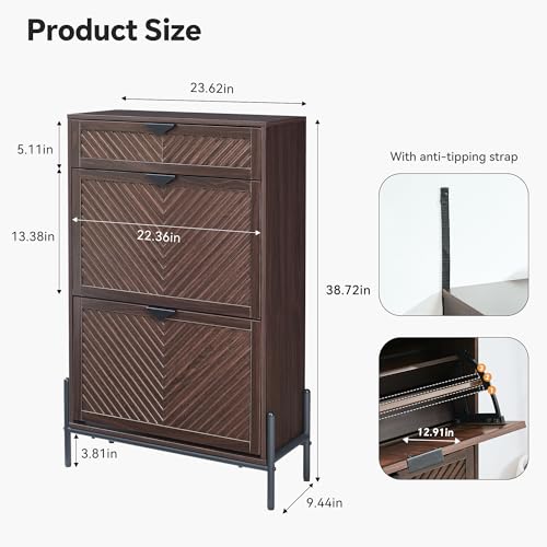 Shoe Cabinet Storage with 2 Flip Drawers, Narrow Hidden Shoes Organizer Cabinet for Entryway, Freestanding Slim Shoe Rack Front Door Entrance(Brown) - color: Brown, size: Medium