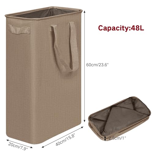 efluky Slim Laundry Basket, Narrow Laundry Hamper with Handles, Collapsible Dirty Clothes Hamper, Tall Laundry Bin for Laundry Room, Dorm and Bedroom, 12.7 Gallons(48L) Flax Brown - color: Flax Brown, size: 48L without Lid