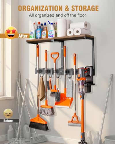 Supforce Broom Holder Wall Mount with Top Wooden Shelf, Heavy Duty Metal Cleaning Supplies Broom Hanger with Vacuum Organizer and 5 Slots & 5 Hooks for Laundry Garage Tool Storage Kitchen (Large) - size: Large