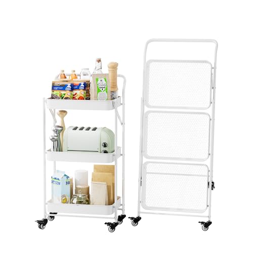 JAQ Foldable Rolling Cart, 3-Tier No Assembly Metal Utility Cart with Handle, Heavy Duty Folding Storage Trolley Organizer on Wheels for Kitchen, Office, Craft Art, Baby Diaper, Snacks, Books, White - color: White /3-tier, size: No Assembly