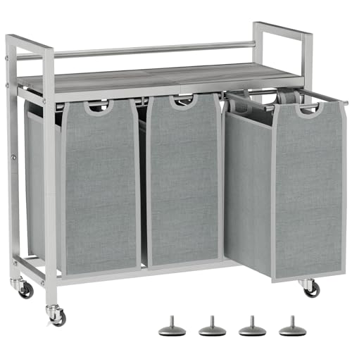 SwaaVee Laundry Hamper, Laundry Basket, Laundry Sorter with 3 Removable Bags, Clothes Basket with 3 Compartments, Wheels, Shelf for Laundry Room Bathroom Bedroom (3 Bags-Gray) - color: 3 Bags-Gray