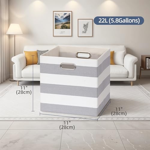 11 x 11 x 11 Inch Storage Bins, Collapsible Fabric Cubes, Cubby Organizer Bins Striped Container Baskets for Home Office Wardrobe Closet Shelf, Pack of 4, Gray/White - color: Gray/White, size: 11"x11"x11"