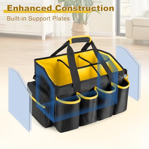 PGmoon Extra-Large Cleaning Caddy Organizer with Handle, Cleaning Supplies Tote Bag Built-in Support Boards, Cleaning Tool Organizer for Cleaners, Housekeepers, Kitchen Cleaning Supplies