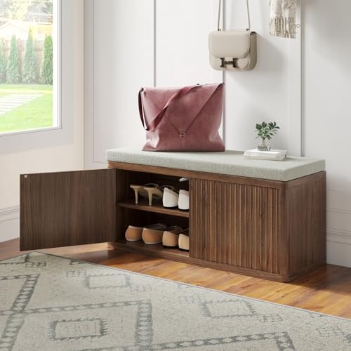 Shoe Cabinet Bench with Cushion,Double Layered Wooden Shoe Bench with Soft Cushion,Shoe Rack for Entryway,Bedroom,Living Room (Walnut Sturdy Entryway Bench) - color: Walnut Sturdy Entryway Bench