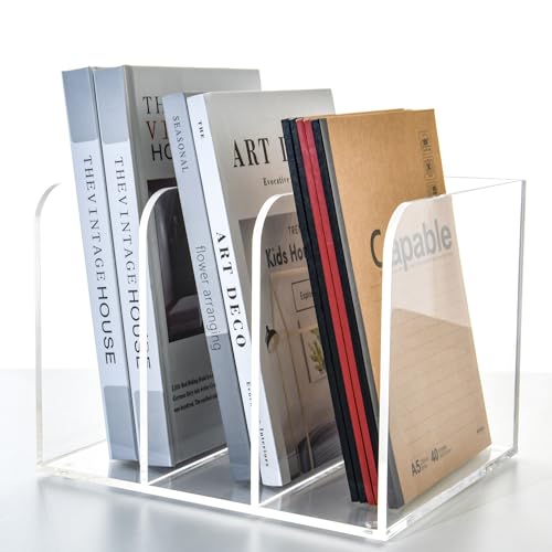 3 Vertical Compartments Clear Acrylic Magazine & File Holder – Multipurpose Desk Organizer for Documents, Tablets, Magazines, Books – Office/Home/Classroom Rack - size: B5, 3 Sections