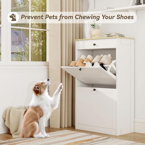 FTZxHKLX Shoe Cabinet with 2 Flip Drawers, Slim Wooden Hidden Shoe Organizer with Drawer, Pet-Proof Narrow Shoe Storage Cabinet for Entryway Living Room Behind The Door - color: White+wood Grain, size: 1pcs