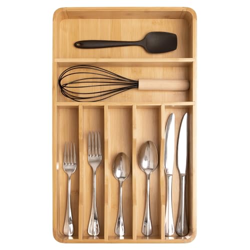 KitchenEdge Silverware Organizer - Cutlery, Flatware, and Utensil Holder for Kitchen Drawers, Fixed 10.5” Width, 7 Storage Compartments, Non-Slip Feet, Rounded Corners, 100% Bamboo - color: Natural Bamboo