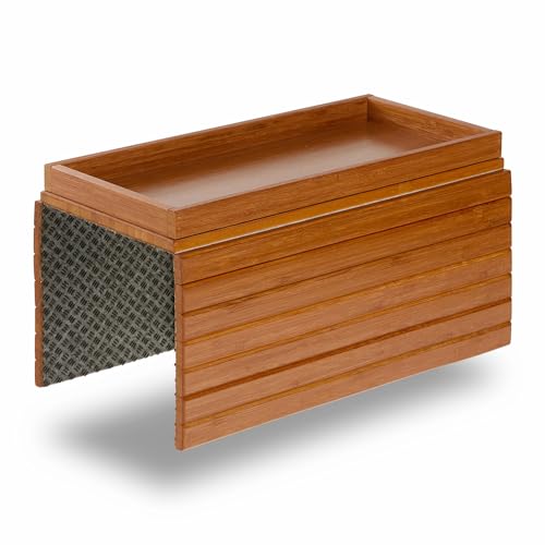 DETOR Couch Arm Tray with Spacious 12.4" x 5.4" Storage Box, Acacia Stained Bamboo Finish, Enhanced Non-Slip Felt Bottom, Sturdy Bamboo Slats, Fits Armrests 6" and Wider - color: Acacia Stained
