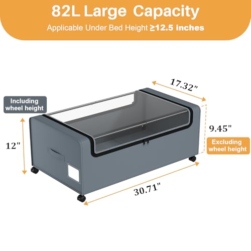 Webetop 12 inch Under the Bed Storage Bins with Clear Lid, Under Bed Storage Containers with Wheels for Underneath Small Spaces Dorms, Blankets (2 Pack, Grey, 30.7"x17.3"x12") - color: Grey, size: 12 inch height