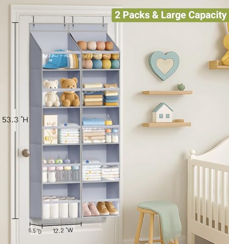 AOODA 2 Pack Over the Door Organizer, Large Capacity Closet Door Hanging Organizer, Clear Deep Pockets Baby Organizer Storage for Nursery, Bathroom, Bedroom, Pantry, Diapers (Grey) - color: Grey, size: 2 Packs