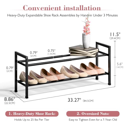Bumusty 2 Tier Expandable Shoe Rack for Closet, 18“-33” Adjustable Shoe Rack for Small Space, Small Shoe Organizer for Front Door, Sturdy Metal, Black - color: Black, size: 2-Tier
