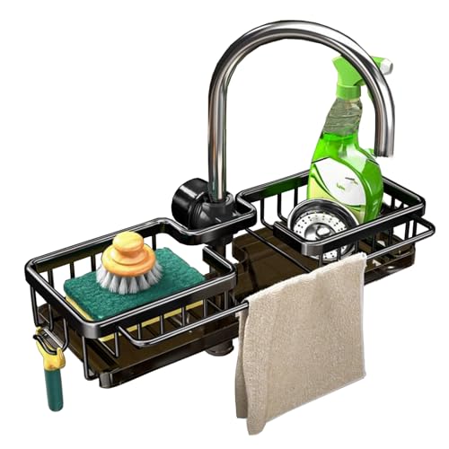 Sink Organizer Rack for Kitchen and Bathroom,Stainless Steel Detachable Hanging Faucet Drain Rack with Drip Tray Faucet Sponge Holder for Bathroom (Black, L&R as One) - size: L&R as One