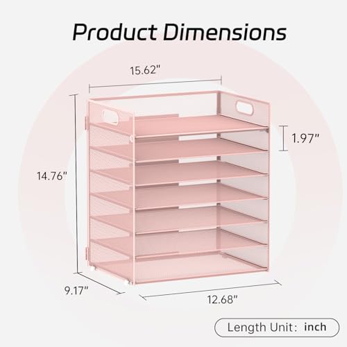7 Tier Paper Organizer - Mesh Desktop File Holder with Handles for Office School Desk, Black (Pink) - color: Pink