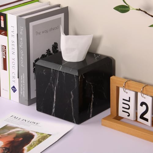 Natural Marble Square Tissue Box Cover ,Stone Modern Decorative Sturdy Napkin Box Holder Case,Facial Paper Organizer for Bathroom Vanity Toilet Countertop,Kitchen (1, Black Marquina, 5.71*5.71*5.51) - color: Black Marquina