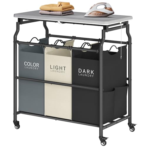 Hoctieon 3 Section Laundry Sorter Cart with Ironing Board, Laundry Hamper Basket with Shelf and Wheels, Heavy Duty Clothes Organizer, Large Clothes Separator with Removable Bags, Black+Gray+Beige - color: Black+gray+beige