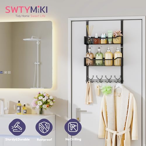 SWTYMIKI Over The Door Hooks Organizer - Multi-Functional Door Hanger with 16 Hooks & 2 Mesh Baskets, Long Coat Rack for Bathroom, Bedroom, Living Room, Home Storage Organizer, Black - color: Black