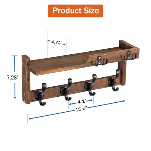 dreampossible Coat Rack Wall Mount with Shelf, Coat Hanger Wall Mount with Key Hooks and Mail Holder, Wood Entryway Floating Shelf with Hooks and Storage, Hat Rack for Wall Key Holder Mail Organizer - color: Brown, size: 16.6 Inch Long