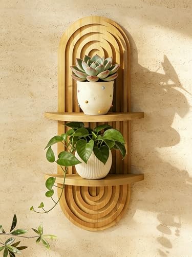 Bamworld Boho Wall Decor Plant Wall Shelf Mid Century Modern Decor Hanging Plant Shelf 2-Tier Wooden Floating Shelves for Home Bathroom Bedroom Living Room Office Holding Planter Decoration Natural - color: Natural, size: 16.7'' -1 Pcs