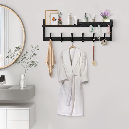 Coat Rack Wall Mount with Shelf, 27.5" Entryway Wall Hanging Shelf, Coat and Key Hanger with 10 Dual Hooks, Mail Organizer and Key Holder Hat Rack for Wall, Wood Coat Hooks with Storage - color: Black
