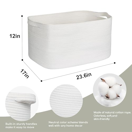 MEGASKET Extra Large White Storage Basket, 23.6" x 17" x 12" Rectangle Blanket Storage for Living Room, White Woven Cotton Rope Basket, Big Kids Toy Box Bin, XXXL Wicker Laundry Baskets for Organizing - color: White, size: 23.6"x17"x12