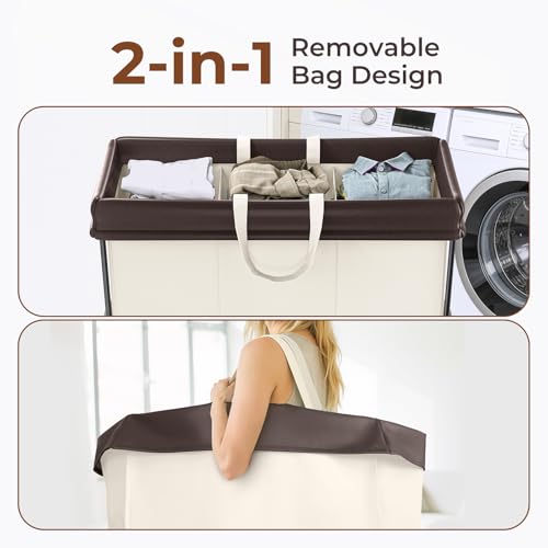 Mefirt 320L Laundry Hamper with Wheels, 3 Section Large Rolling Laundry Basket Bag with Wheels, Clothes Hamper Cart for Laundry, Bedroom, Bathroom and Dorm - color: beige-3 section, size: 320L