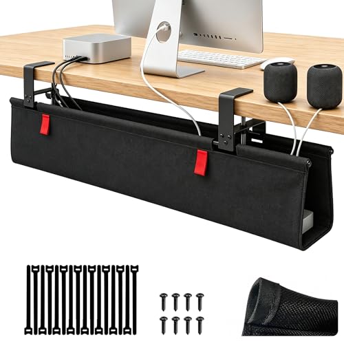 Under Desk Cable Management No Drill – 28" L x 6" W Cord Organizer, Upgraded Silicone Pads (No Scratch), 16 Cable Slots, Washable PE Honeycomb Base, Fits Desks 0–2.1" Thick, Black - color: Black, size: Upgraded with Enhanced Features-28"L x 6"W