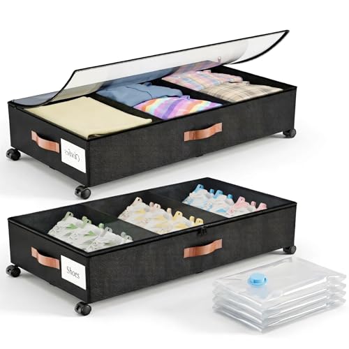 Under Bed Storage with Wheels, Under Bed Storage with Dividers, 66L Rolling Organizer with Clear Lid and 3 Compression Bags for Clothes, Blankets, Bedding and Shoes