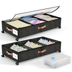 Under Bed Storage with Wheels, Under Bed Storage with Dividers, 66L Rolling Organizer with Clear Lid and 3 Compression Bags for Clothes, Blankets, Bedding and Shoes