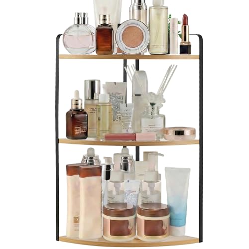 3 Tier Corner Bathroom Counter Organizer, Countertop Organizer, Makeup Organizer Countertop, Bathroom Storage Sink Shelf, Wooden and Metal Counter Shelf (Large Capacity-Rustic Walnut) - color: Rustic Brown