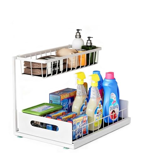 Under Sink Organizer, 2 Tier Pull-Out Cabinet Storage Shelf, Rust-Resistant Metal Organizer for Kitchen Bathroom Laundry Room, No Tools Installation, 1 Pack White - color: 1 Pack-White