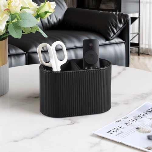 PU Leather Pen Holder for Desk, Small Remote Control Holder Pencil Cup Multifunctional Desktop Organizer Caddy for Home School Office Desk Accessories - 2 Compartments (Black Ribbed Texture) - color: Black Ribbed Texture