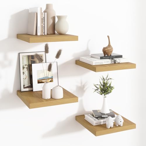 Fun Memories Square Floating Shelves for Wall - 12 Inch Deep Floating Shelves with Invisible Brackets, Oak Small Wall Shelf for Living Room, Bathroom, Bedroom, and Kitchen Decor Set of 4 - color: Oak, size: 12"W x12"D - 4P