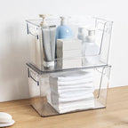 2 Pack Large Stackable Storage Bins, Plastic Container Organizer with Open Front, Pantry Organizers and Storage for Potato, Onion, Fruit and Vegetable, Clear Kitchen Laundry Organizer with Lid