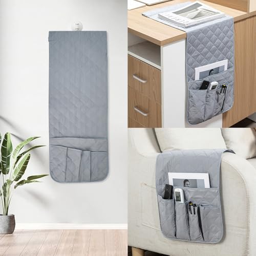 RETON Sofa Armrest Organizer with 5 Pockets, Non Slip Remote Control Caddy with 8 Pieces of Hook and Loop Fasteners, Armchair Caddy Holder Storage for Magazine Recliner Book TV Phone (Gray) - color: Gray