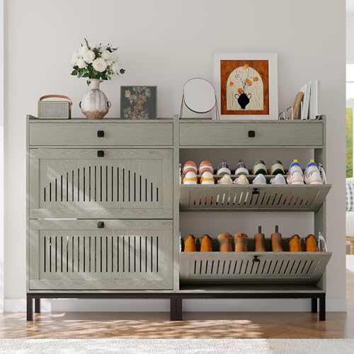 2-Door Flip Front Shoe Cabinet with Adjustable Shelves – Hidden Entryway Storage Organizer for Hallway, Foyer, Living Room – Freestanding Wooden Shoe Rack with Large Capacity & Modern Design, Grey - color: Grey, size: 9.45"D x 31.4"W x 43.4"H