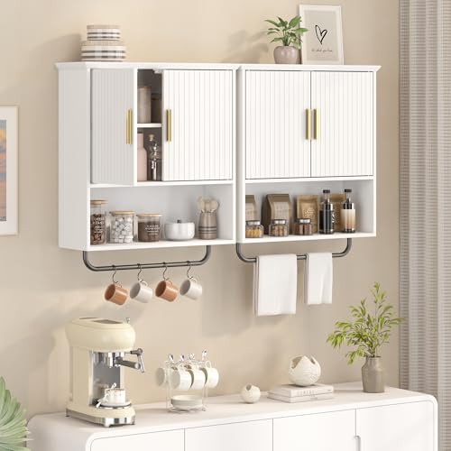 Bathroom Wall Cabinet with Towel Bar, 2 Doors & Adjustable Shelves - Space Saving Wood Wall Mounted Medicine Cabinet Storage Organizer for Bathroom, Laundry, Kitchen, Living Room (White) - color: White, size: 7.87"D x 23.6"W x 26.6"H
