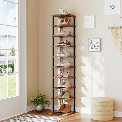 HOOBRO Vertical Shoe Rack, 10-Tier Narrow Shoe Shelf, Shoe Storage Organizer for Small Space, 11" L x 11" W x 68" H, Closet, Entryway, Hallway, Bedroom, Rustic Brown and Black BF32XJ01 - color: Rustic Brown + Black, size: 11"L x 11"W x 68"H
