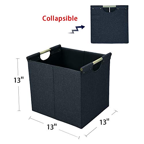 HOONEX Collapsible Storage Bins, 13x13x13in Storage Cubes Linen Fabric, 3 Pack, Storage Baskets with Wooden Carry Handles and Sturdy Heavy Cardboard, for Home, Office, Car, Nursery, Dark Grey - color: Dark Grey, size: 13" L x 13" W x 13" H