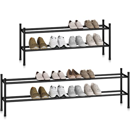 STORAGE MANIAC Long Expandable Shoe Rack, 12 Pairs Metal Wide Stackable Shoe Rack, Adjustable Shoes Shelf, Freestanding Shoes Organizer for Closet, Entryway, Hallway, Garage, Front Door, 2 Tiers - size: 2-tier