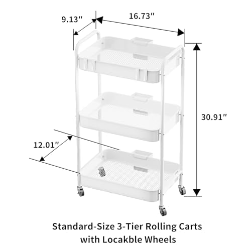JAQ Makeup Carts, 3-Tier Metal Rolling Utility Storage Organizer Cart Shelf with Wheels for Craft Office Supplies Diapper Snack in Bathroom Kitchen Laundry Classroom Dorm -(3-Tier,White) - color: White /3-tier, size: Need Assembly