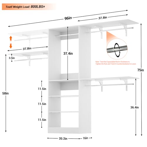 iSunirm 8FT Closet System with Shelves, 96'' Closet Organizer System with 3 Hanging Rods, Wall Mount Bedroom Wardrobe Walk-in Closet, Adjustable Cloth Garment Rack from 5 to 8FT (Cut to Fit), White - color: White