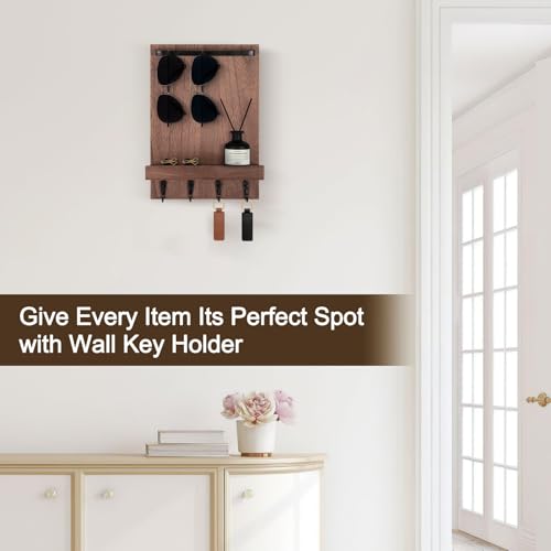 Key Holder Wall Mount, Key Holder for Wall with 4 Hooks, Farmhouse Key Hanger Holds Dog Leash, Sunglasses, Decorative Mail Organizer Home Decor (Brown) - color: Brown