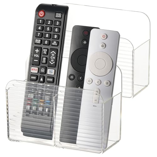 LINFIDITE 2 Pack Adhesive TV Remote Control Holder Wall Mount TV Remote Holder For Bedside Wall Remote Control Caddy Storage Organizer Stand Box （For 2 Or 4 Remote Controls – Transparent ） - color: Clear White, size: 2 Pcs Fxed Dividers