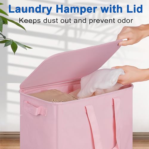 Vincona Slim Laundry Hamper with Lid and Wheels, Small Rolling Laundry Basket with Handle for Small Spaces, Tall Dirty Clothes Hampers for Dorm, Bathroom and Bedroom, 75L, Pink - color: Pink, size: 75L