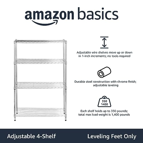 Amazon Basics 4-Shelf Adjustable Heavy Duty Steel Wire Rack Storage Shelving Unit for Kitchen, Garage, Easy Assembly, 350 lbs Per Shelf, 36" x 14" x 54", Chrome Silver - color: Chrome, size: 36" L x 14" W x 54" H, style: No Wheels