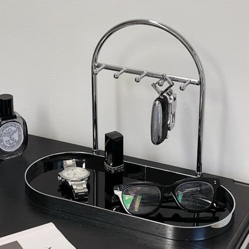 Shinpuru Metal Jewelry Organizer Stand & Key Holder Tray with Acrylic Base, Key Stand and Jewelry Tray with 5 Hooks, Perfect Key Bowl, Valet Key Tray, Ring Holder, Jewelry Dish (Silver Black) - color: Silver Black