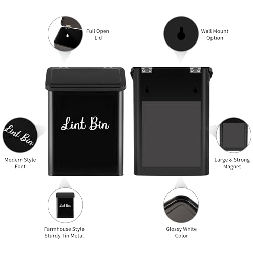 Metal Magnetic Lint Bin for Laundry Room, Wall Mounted Laundry Lint Bin with Lid & Lint Brush, Modern Farmhouse Laundry Room Decor - color: Black, size: Pattern 1
