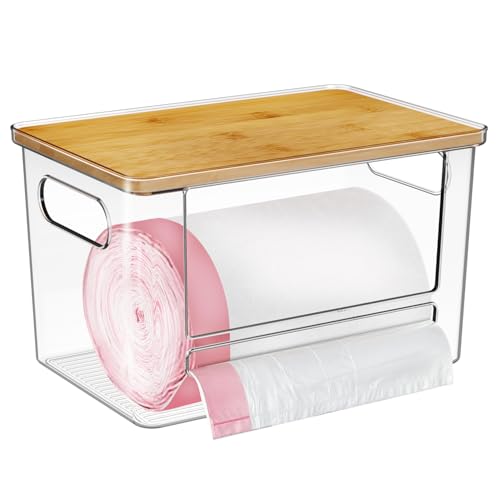 Trash Bag Holder, Acrylic Garbage Bag Dispenser with Bamboo Top, Extra Large Trash Bags Dispenser Under Sink for Kitchen, Pantry, Laundry Room, Cabinet Organizer and Storage (1 PACK) - size: XL-1 Pack