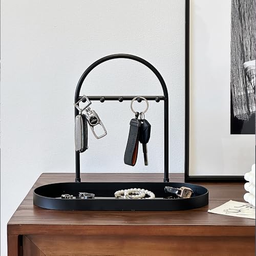 Shinpuru Metal Jewelry Organizer Stand & Key Holder Tray with Acrylic Base, Key Stand and Jewelry Tray with 5 Hooks, Perfect Bowl, Valet, Key Tray, Ring Holder, Jewelry Dish(Matt Black) - color: Matt Black