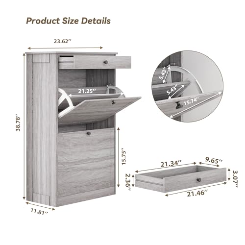FTZxHKLX Shoe Storage Cabinet with 2 Flip Drawers, Narrow Freestanding Hidden Shoe Rack Cabinet, Pet-Proof Shoe Organizer for Closet, Entryway, Hallway, Wash Grey - color: Wash Grey, size: 1pcs